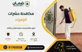 فني من شركة ضمان ينفذ خدمة مكافحة الحشرات داخل منزل في منطقة الزهراء بالكويت باستخدام أجهزة رش حديثة ومبيدات معتمدة
